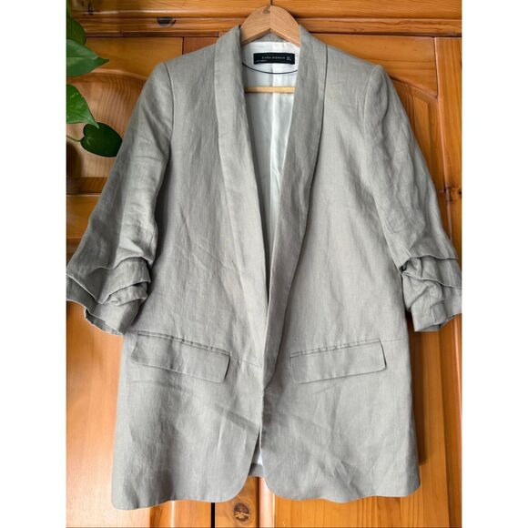 Zara Woman Beige Linen Blazer Jacket Women’s Size L – Ruched Sleeve Open Front - Picture 3 of 14